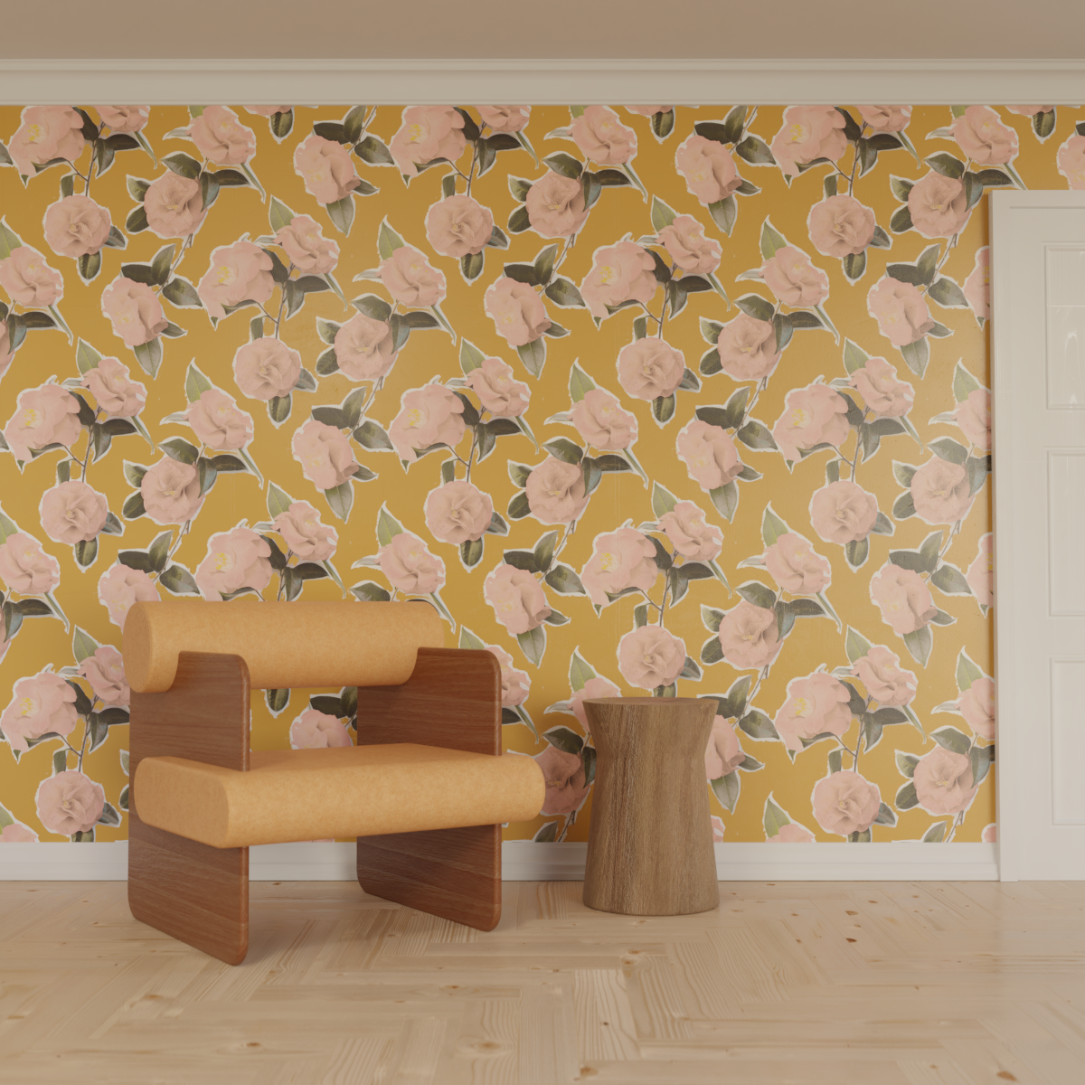 Camellia Wallpaper, mustard and coral