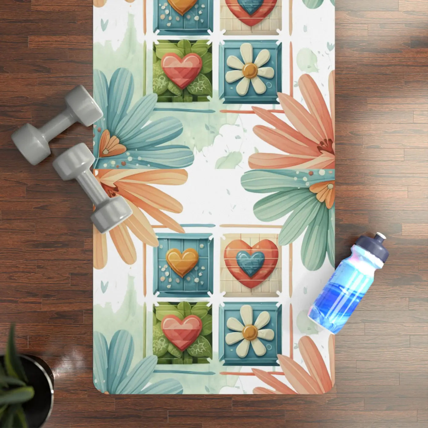 Non-Slip Hearts and Flowers Yoga Mat - Rubber 24x68 - Dipaliz