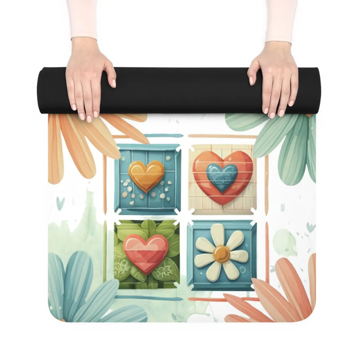Non-Slip Hearts and Flowers Yoga Mat - Rubber 24x68 - Dipaliz