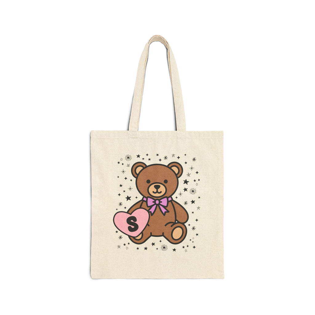S: Bear Holding a Heart Tote Bag with Initial