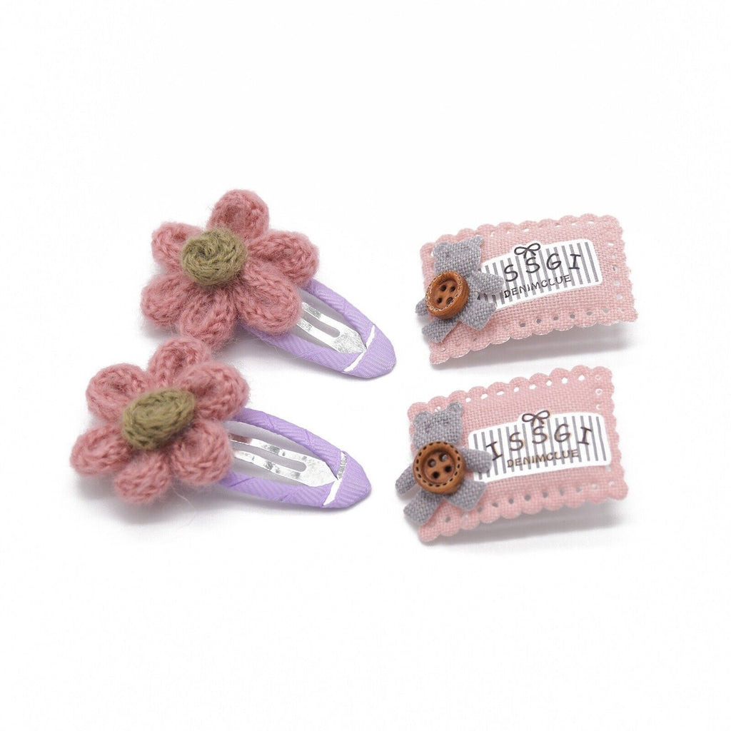 Pink Flower And Bear Crochet 4 Piece Hair clip /Hairpiece Set
