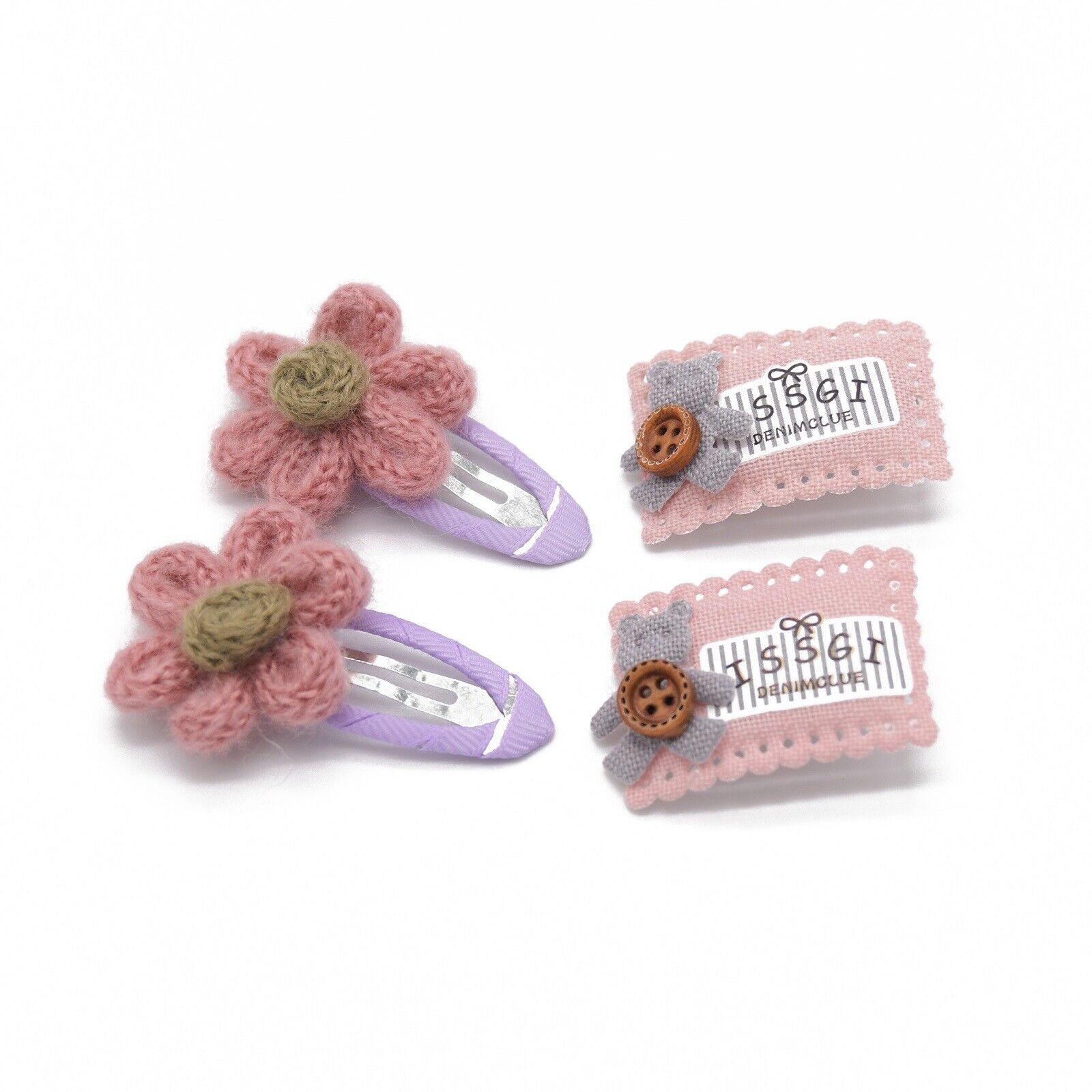 Pink Flower And Bear Crochet 4 Piece Hair clip /Hairpiece Set