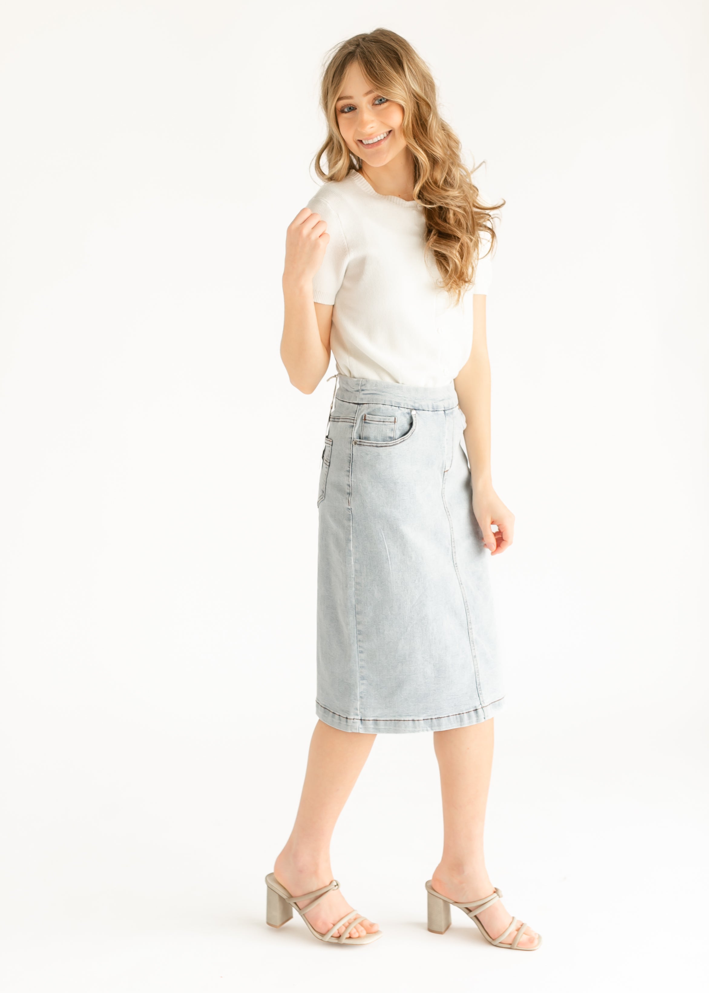 Sandra Light Wash Denim Midi Skirt - FINAL SALE