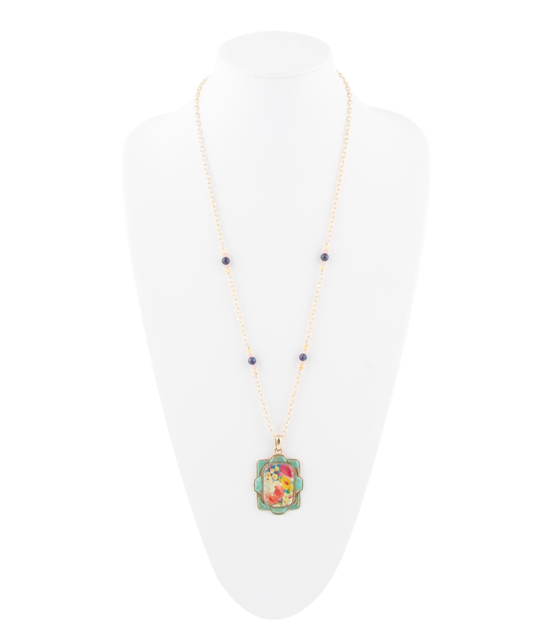 Scenic Floral and Blue Turquoise Golden Pendant Necklace