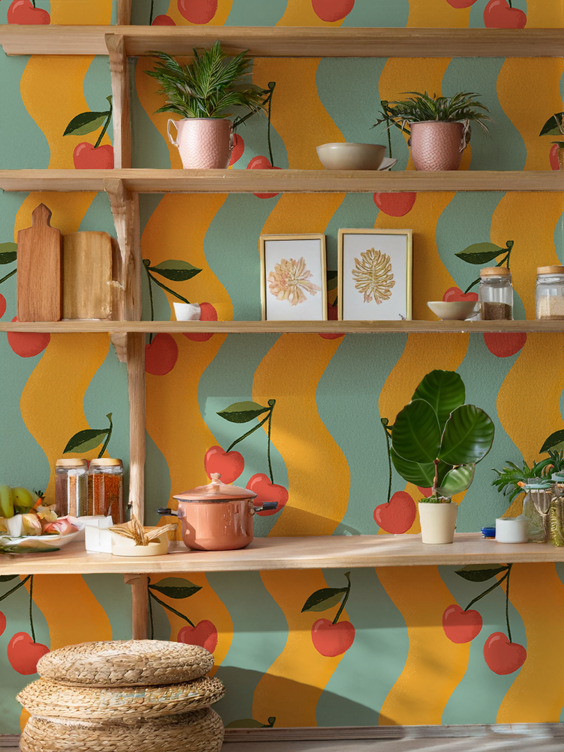 Wavy Cherry Wallpaper, yellow and teal