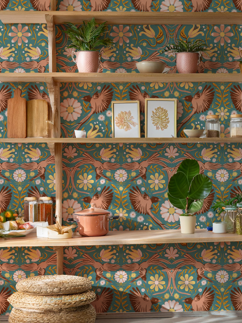 Folkie Birdie Wallpaper, dusty teal, peach and rust