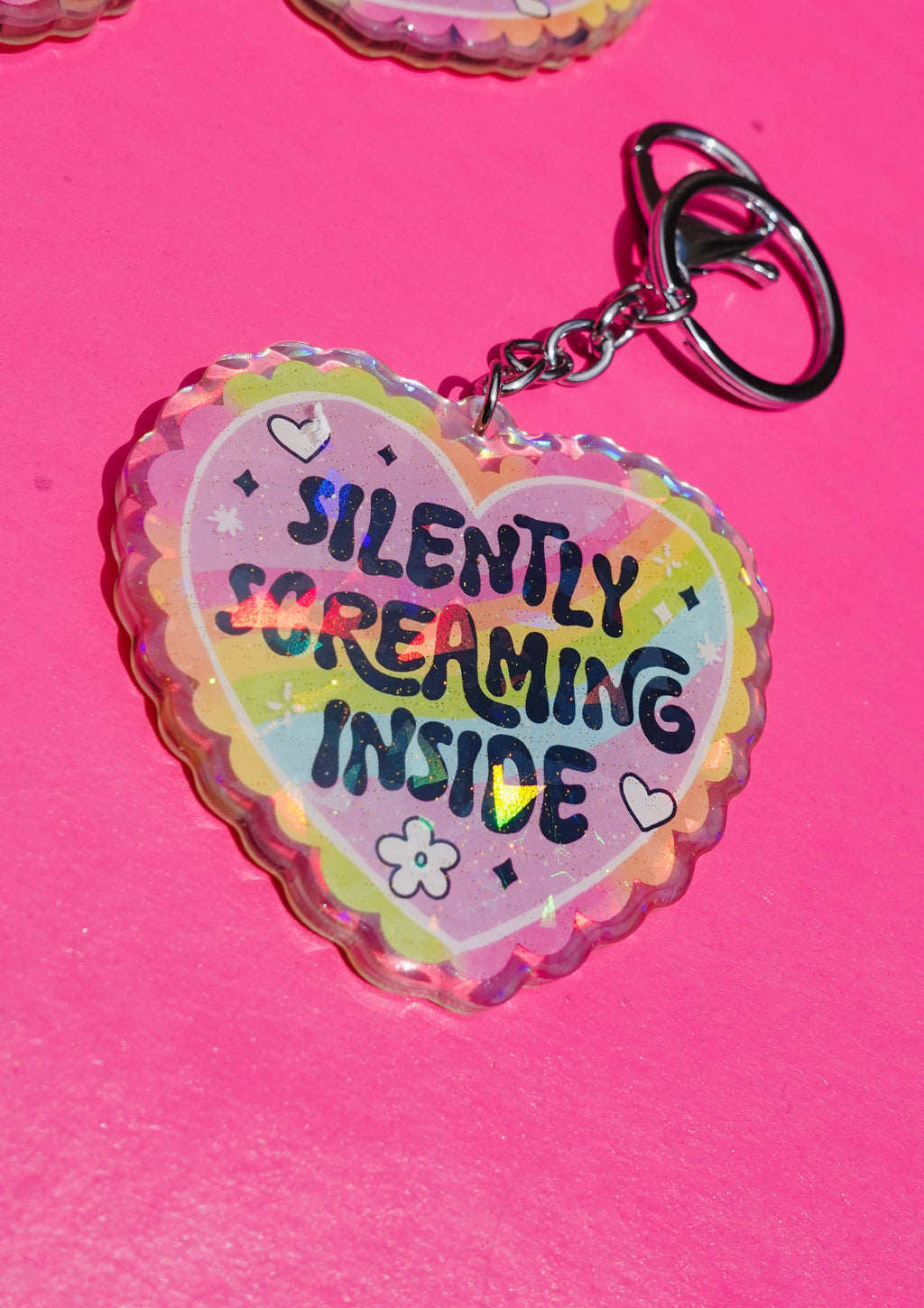 Silently Screaming Inside Holographic Heart Holographic Keychain