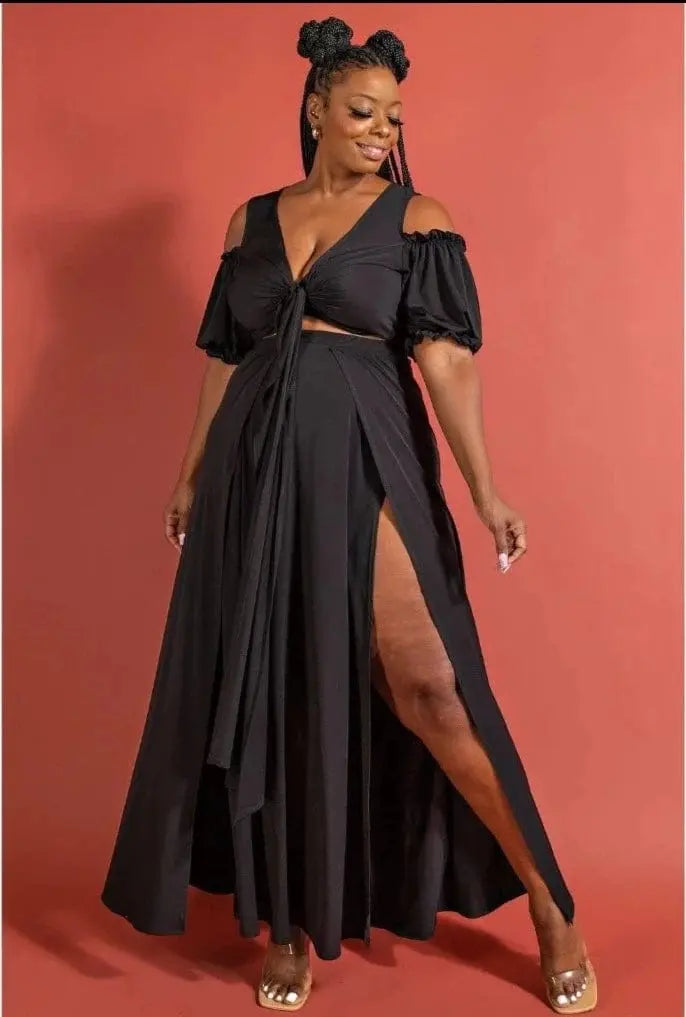 Natalia Surplice Maxi Skirt Sets - Balck