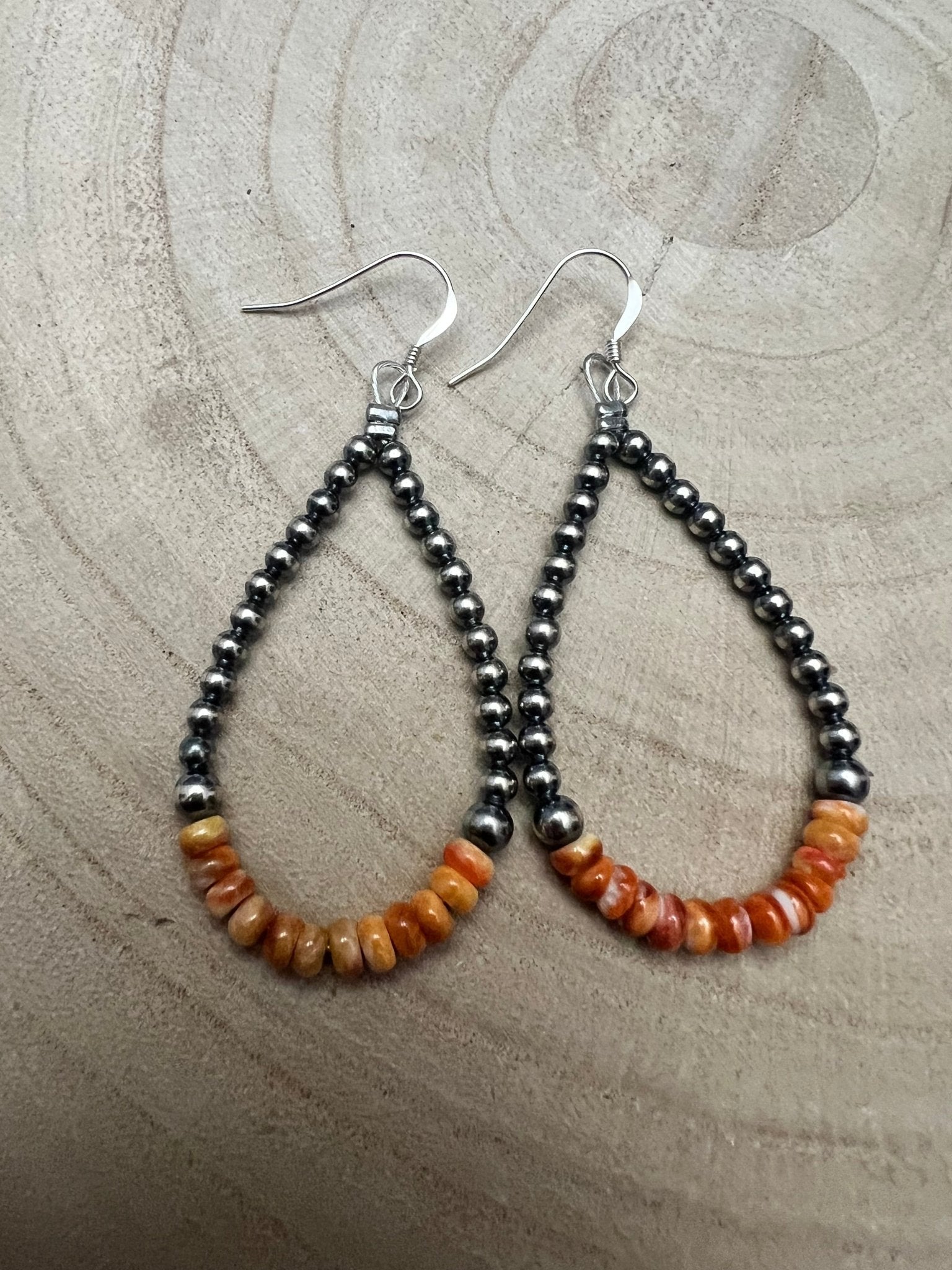 Sterling Silver Pearl & Orange Spiny Oyster Teardrop Earrings - 2 1/2 inch drop