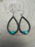 Sterling Silver Pearl & Turquoise Teardrop Earrings - 2 1/2 inch drop