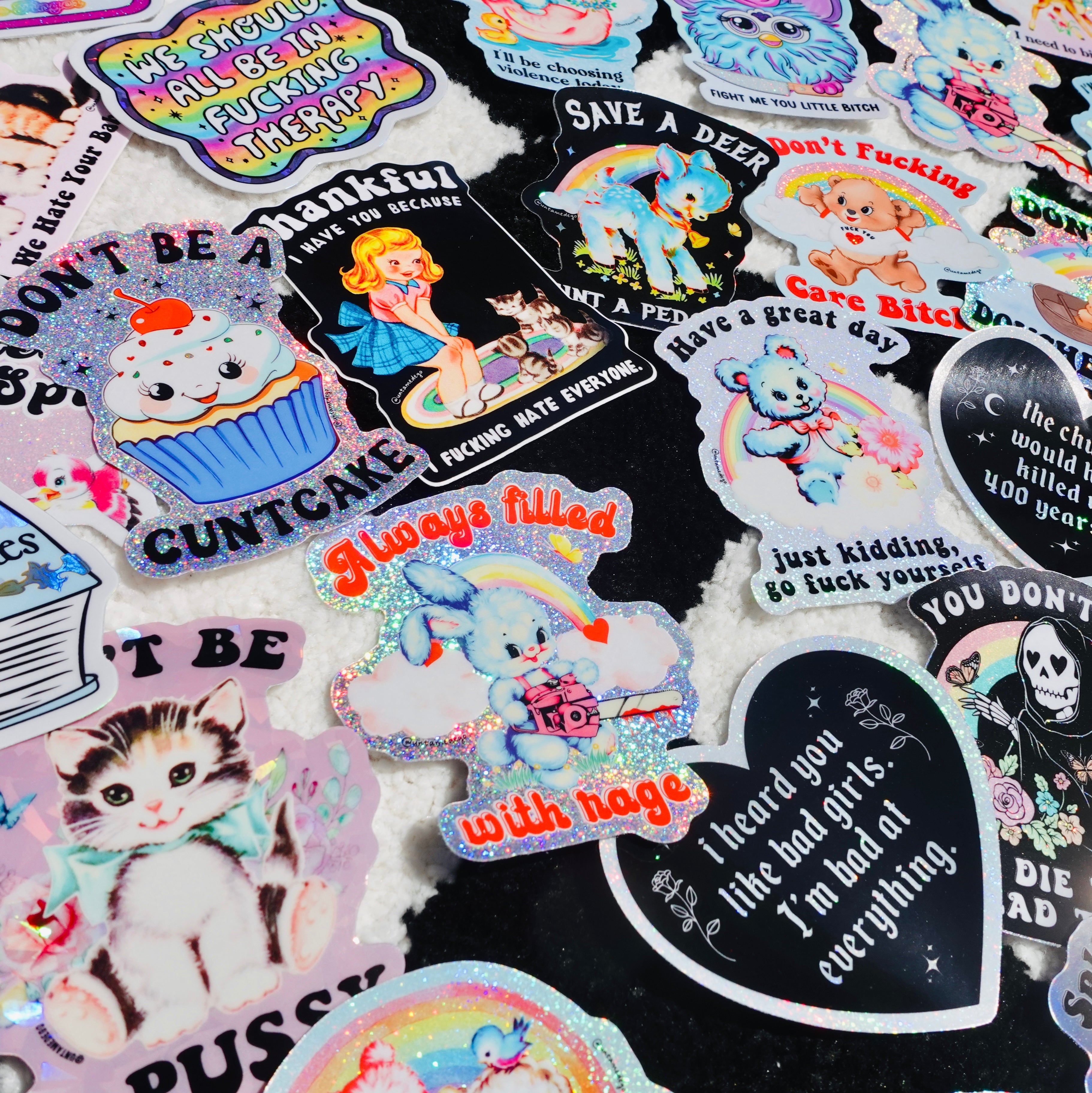 Always Filled with Rage Waterproof Vinyl Sticker – Holographic Funny Bunny Chainsaw Decal