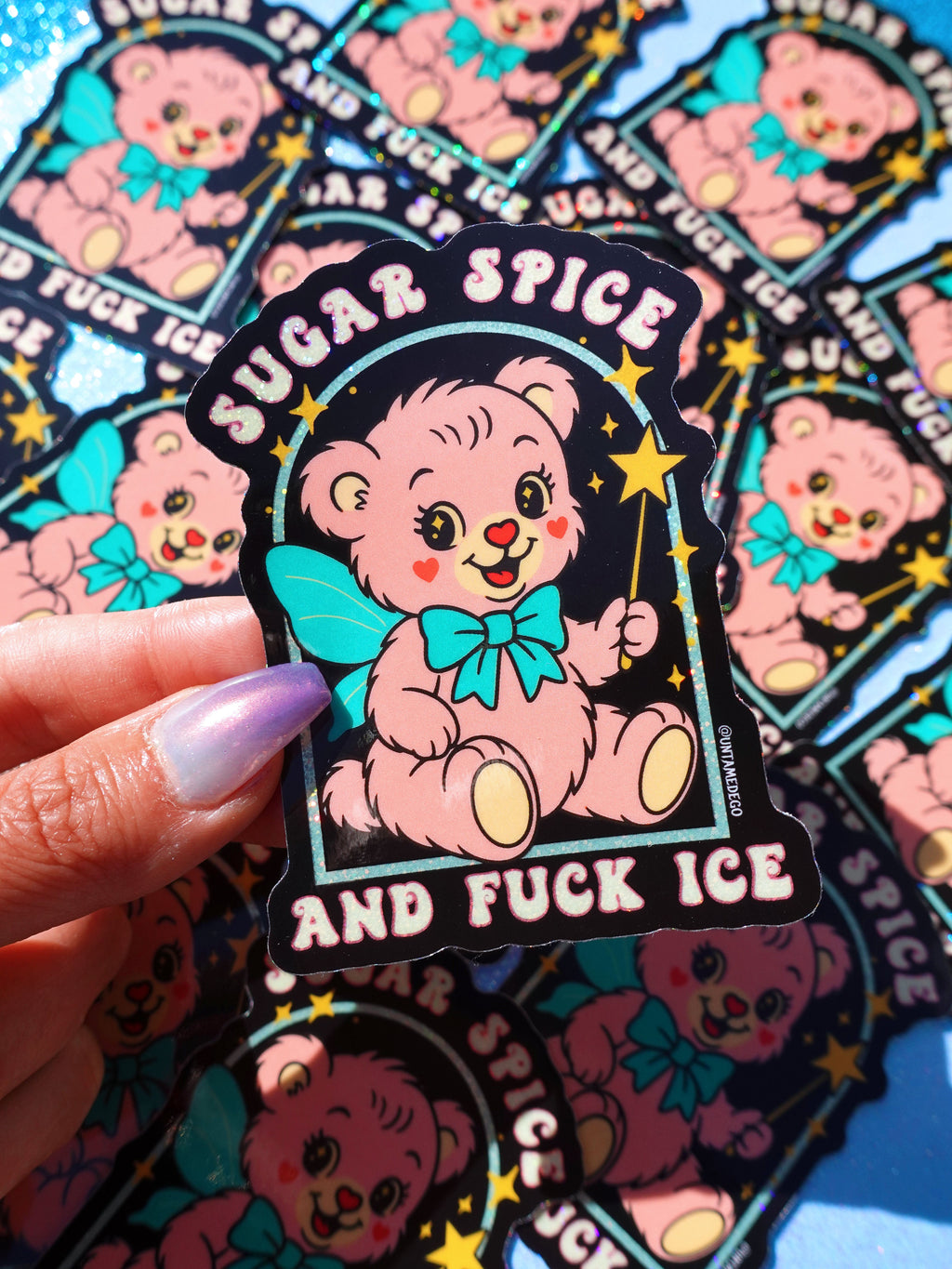 Sugar Spice and Fuck ICE Sticker – Retro Kawaii Bear Protest Vinyl Sticker – Anti-ICE Political Statement – Cute but Revolutionary Vinyl Sticker