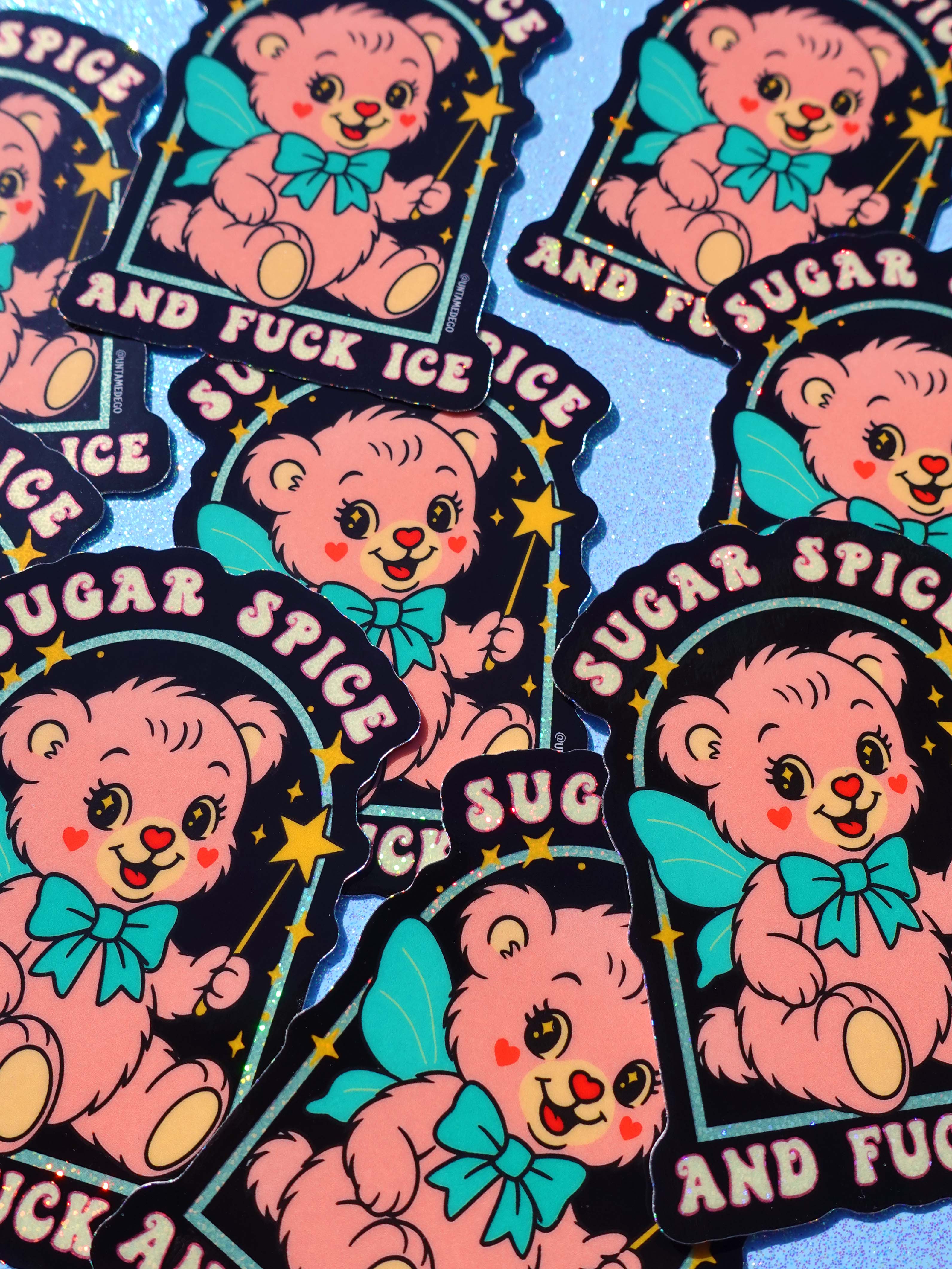 Sugar Spice and Fuck ICE Sticker – Retro Kawaii Bear Protest Vinyl Sticker – Anti-ICE Political Statement – Cute but Revolutionary Vinyl Sticker