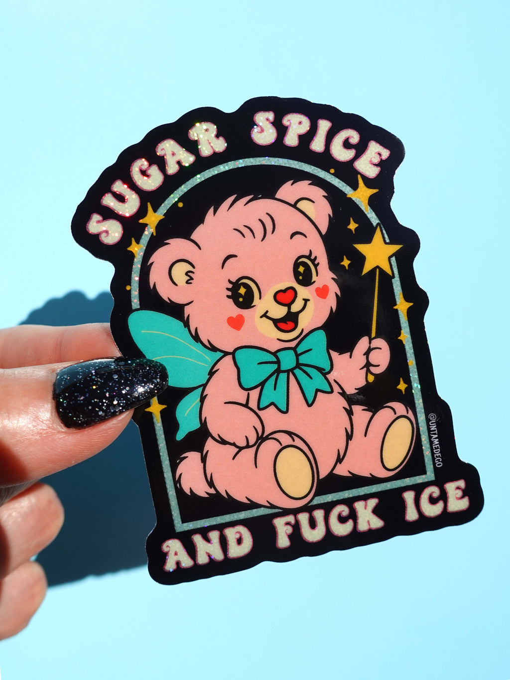 Sugar Spice and Fuck ICE Sticker – Retro Kawaii Bear Protest Vinyl Sticker – Anti-ICE Political Statement – Cute but Revolutionary Vinyl Sticker