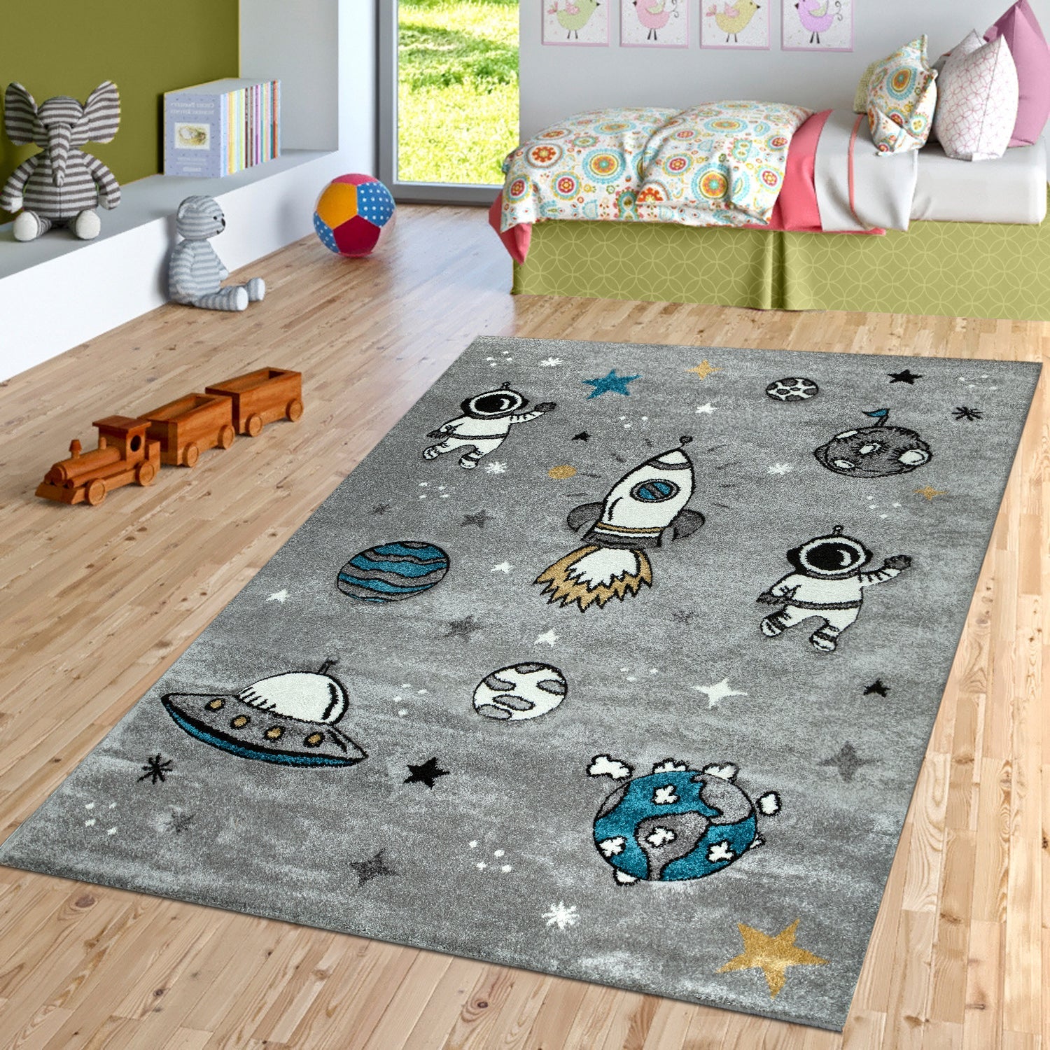 Space Rug for Kids with Astronauts & Rockets in Grey