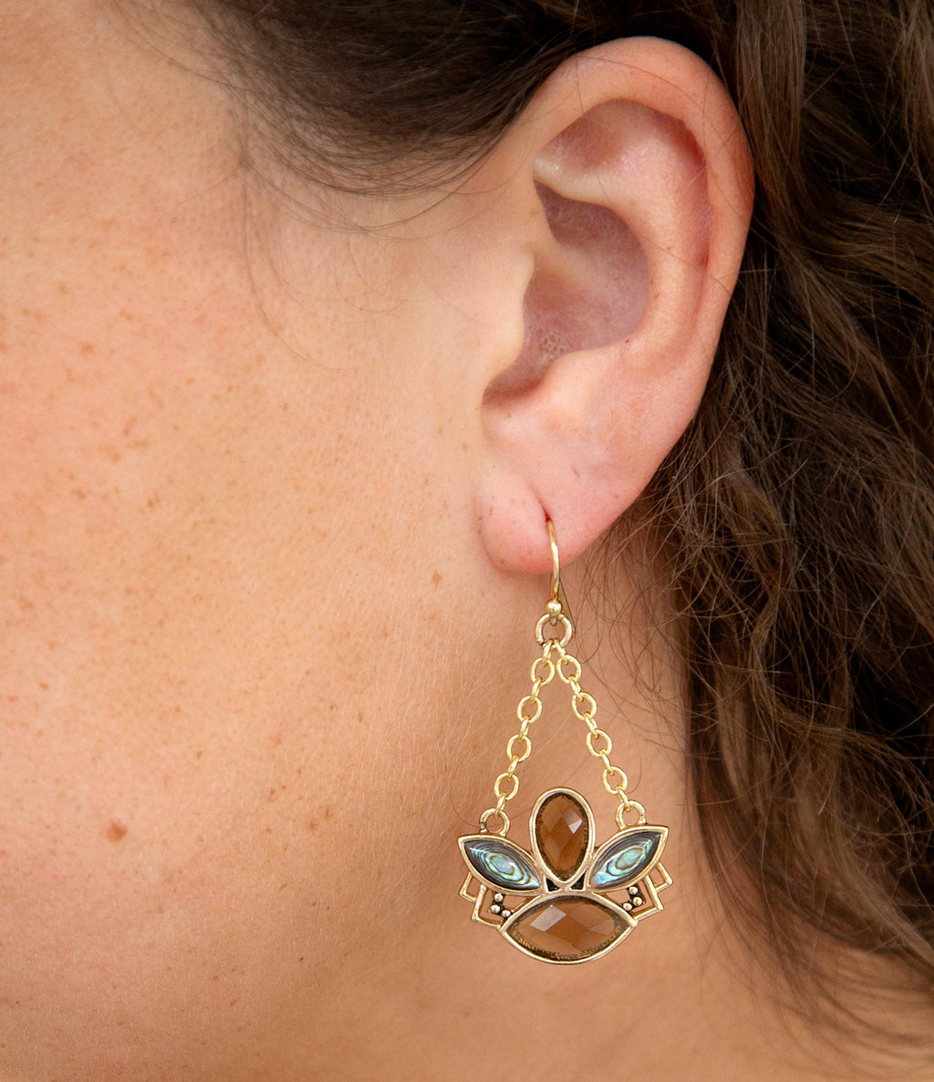 Tribecca Blue Abalone Black Smoky Quartz Golden Drop Earrings