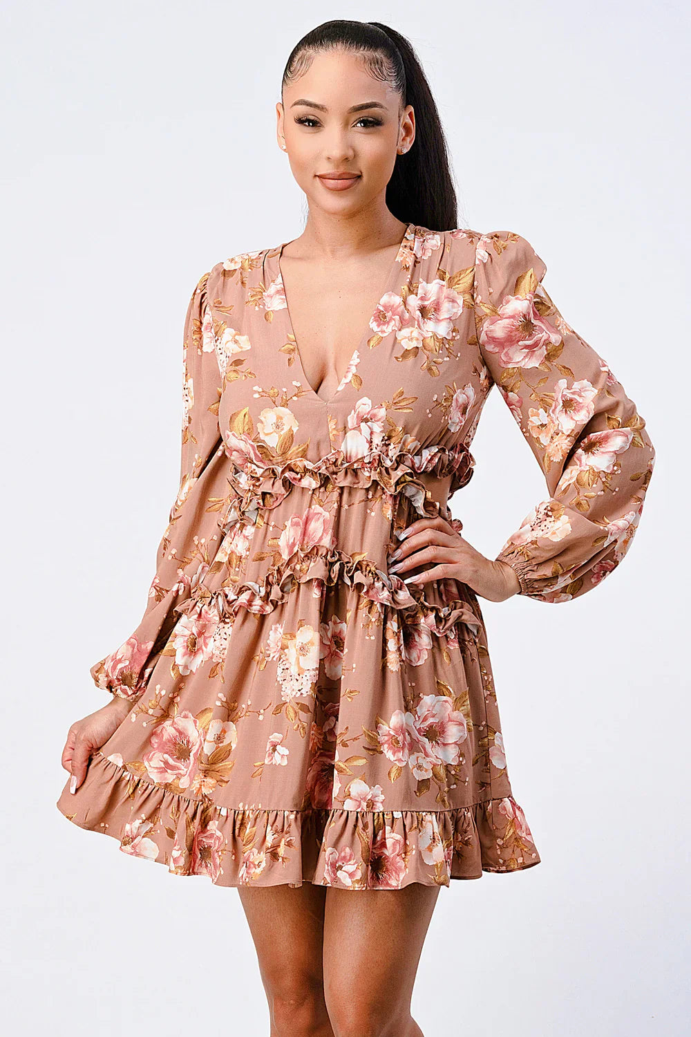 FLORAL CHIFFON V-NECK MINI DRESS