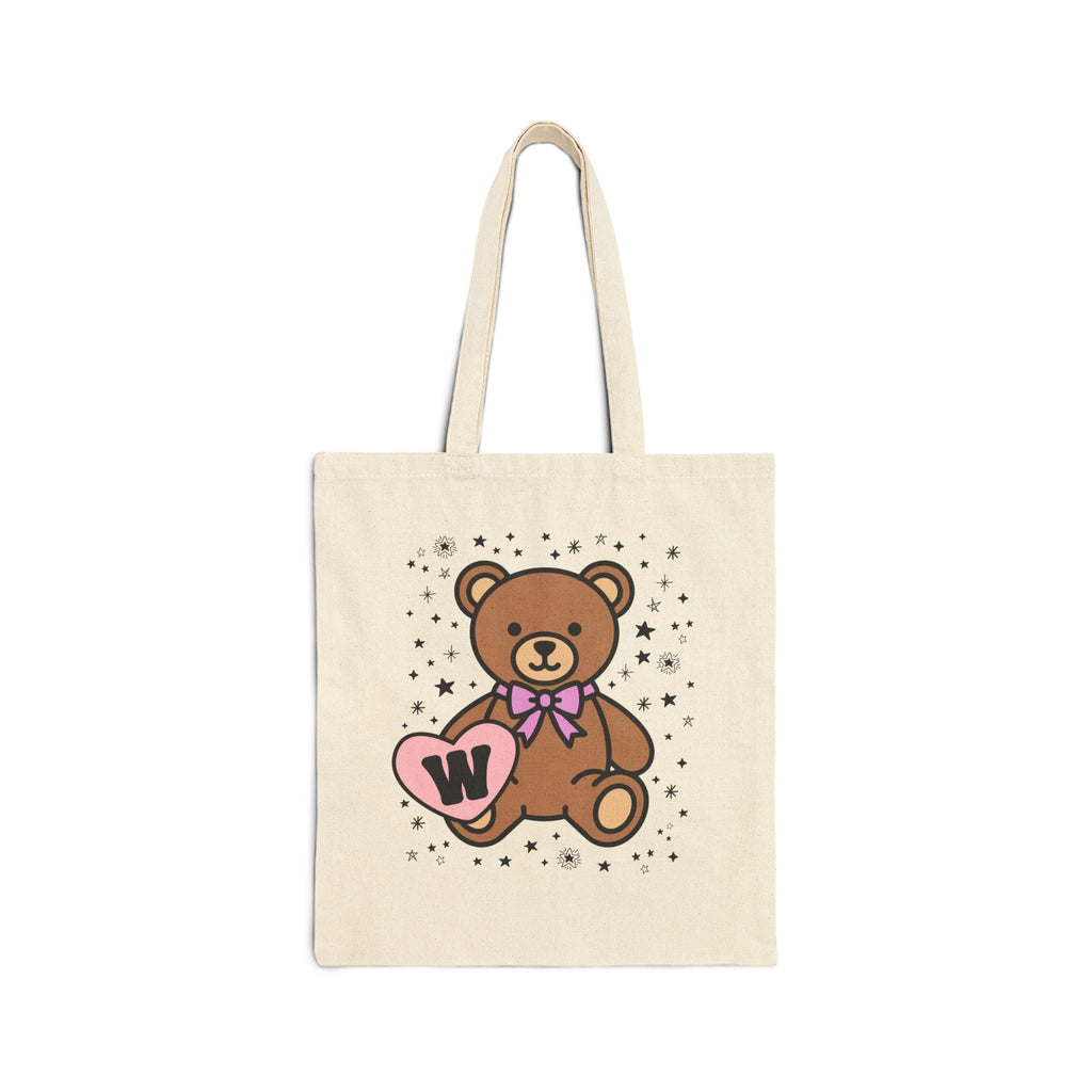 W: Bear Holding a Heart Tote Bag with Initial