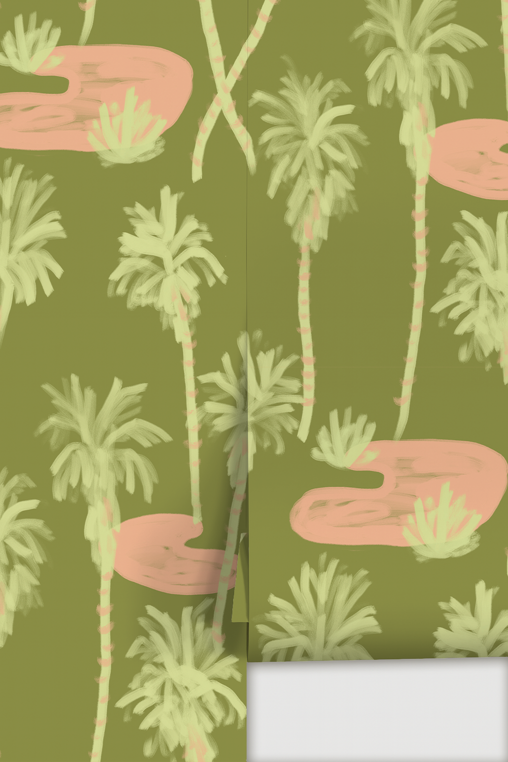 Palm Oasis Wallpaper, olive green and coral