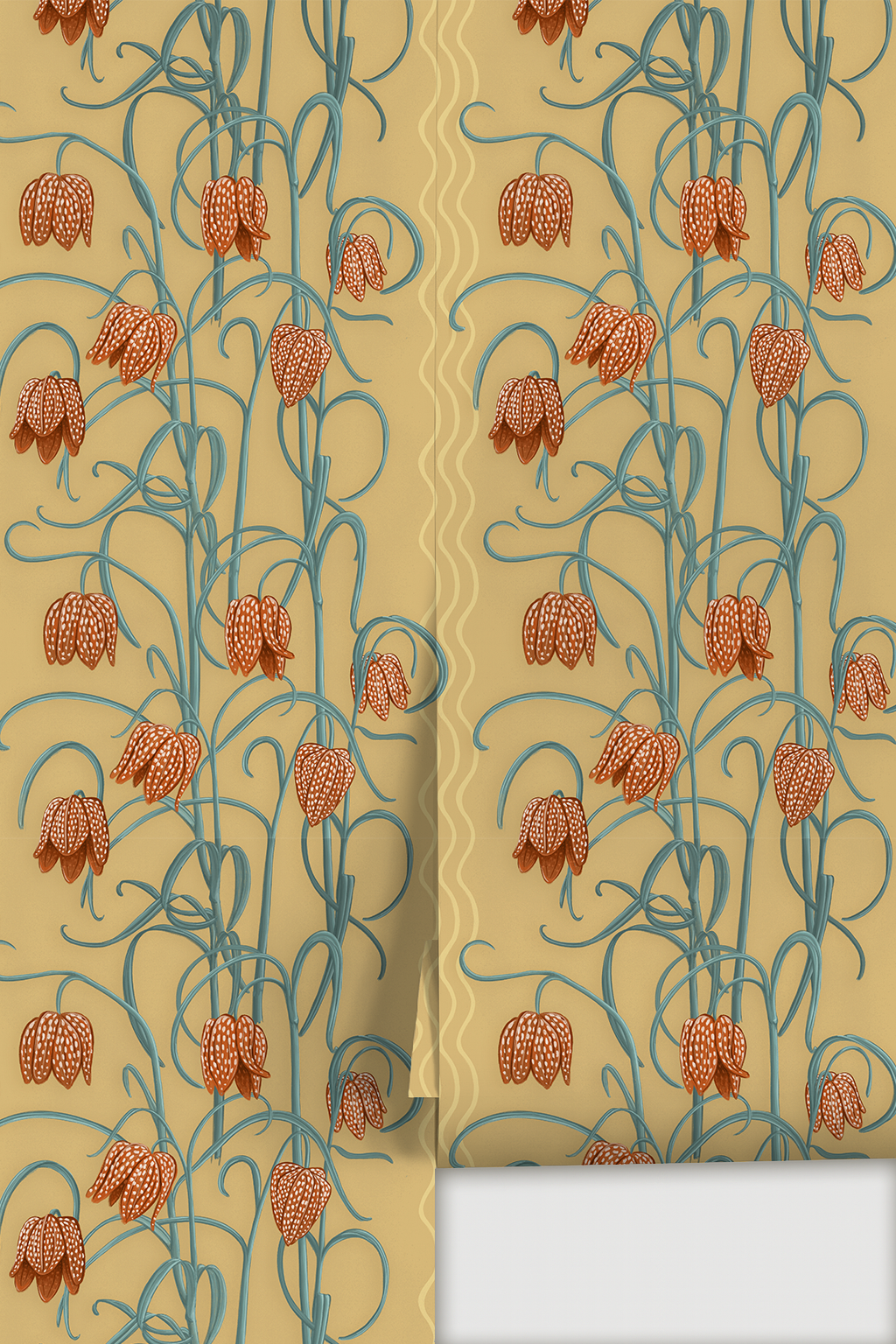 Campanas Wallpaper, butter yellow and slate blue