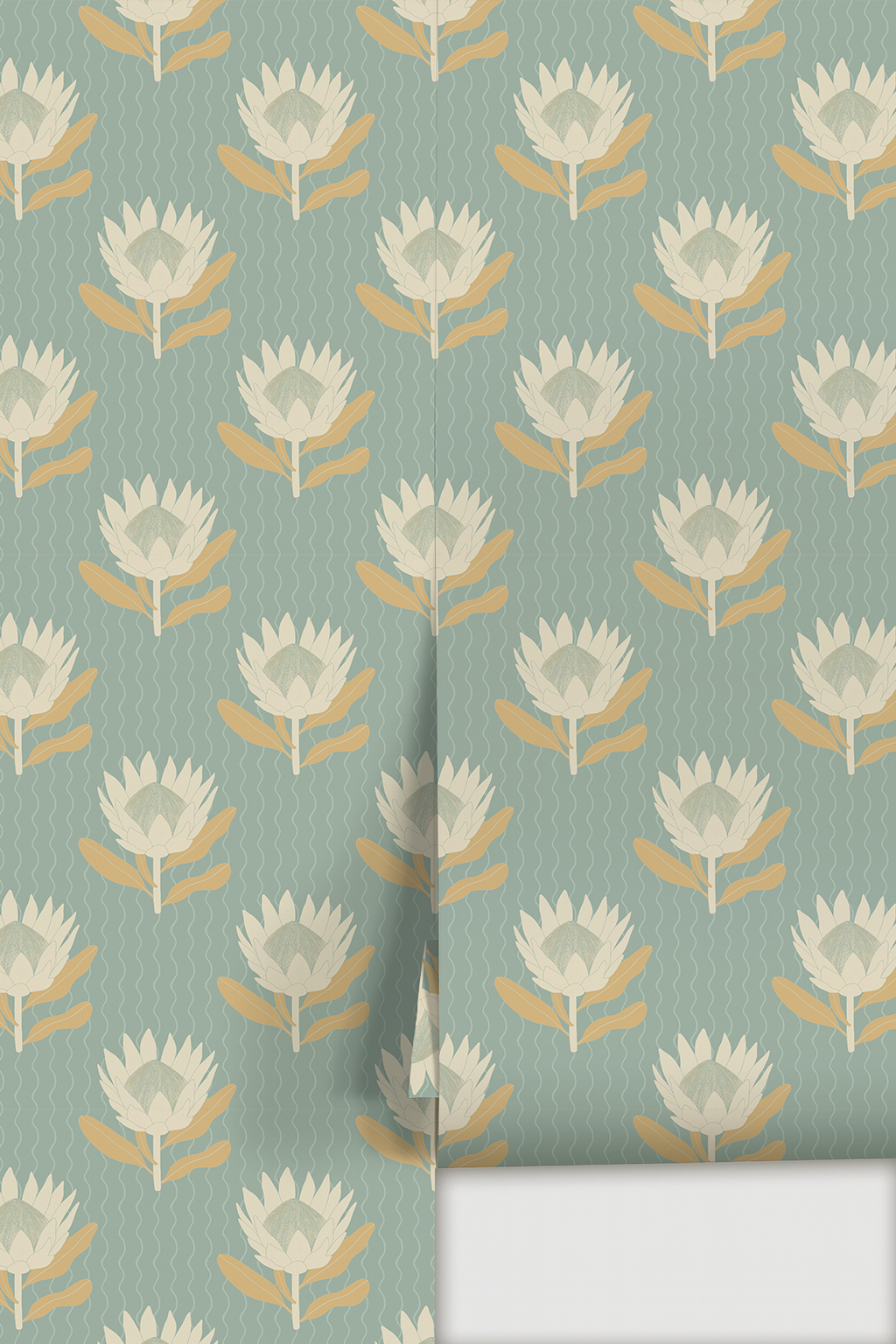 King Protea Wallpaper, light blue and apricot