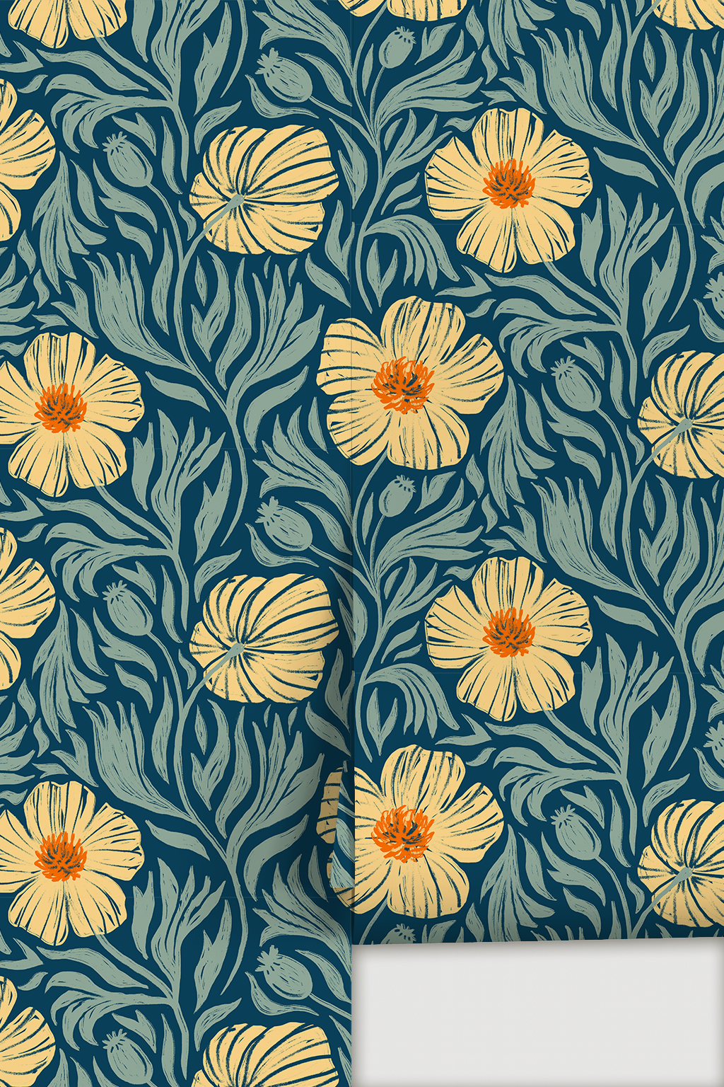 Matilija Wallpaper, navy, orange and mint