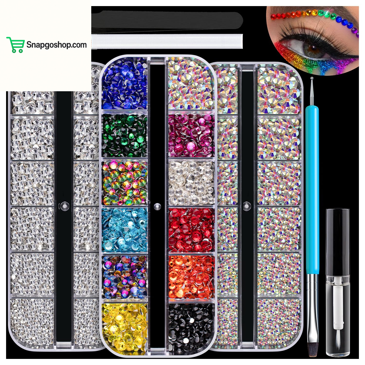 Flat Back Rhinestone Kits Colorful Rhinestones+Crystal Ab&Transparent White Face Gems Nail Gem with Quick Dry Makeup Glue+Picker Pencil+Tweezer for Bedazzling Face Makeup and Nail Art