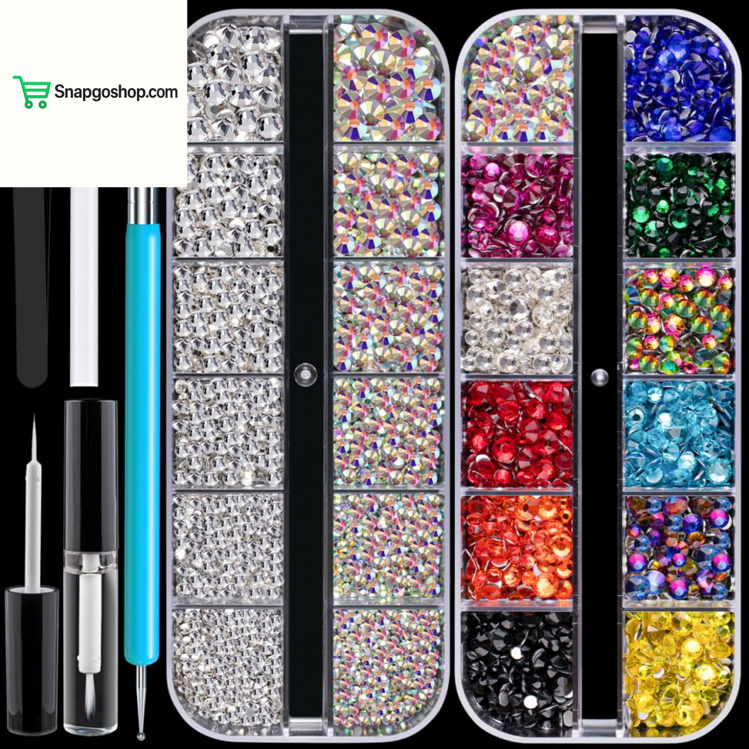 Flat Back Rhinestone Kits Colorful Rhinestones+Crystal Ab&Transparent White Face Gems Nail Gem with Quick Dry Makeup Glue+Picker Pencil+Tweezer for Bedazzling Face Makeup and Nail Art