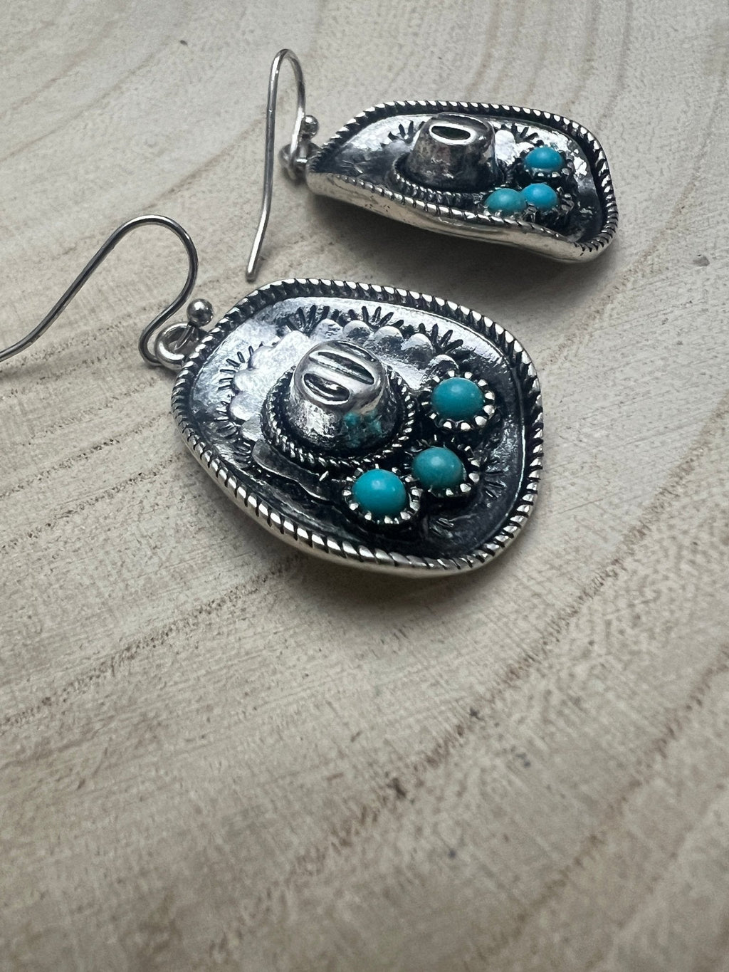 Western Cowboy Hat Dangle Earrings with Faux Turquoise Accents