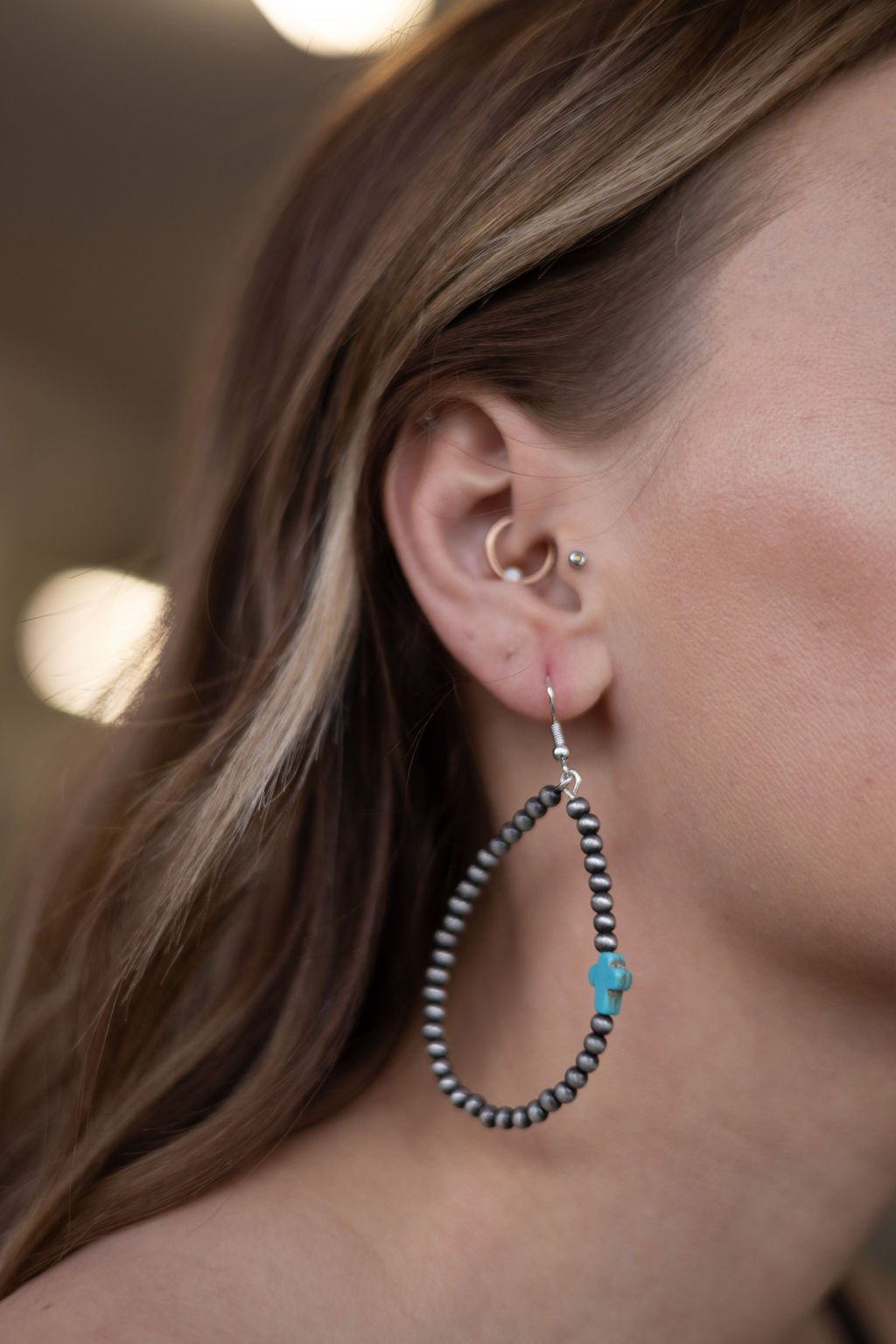 Western Cross with Faux Turquoise Metal Pearl Teardrop Earrings - 2 1/2 inch drop
