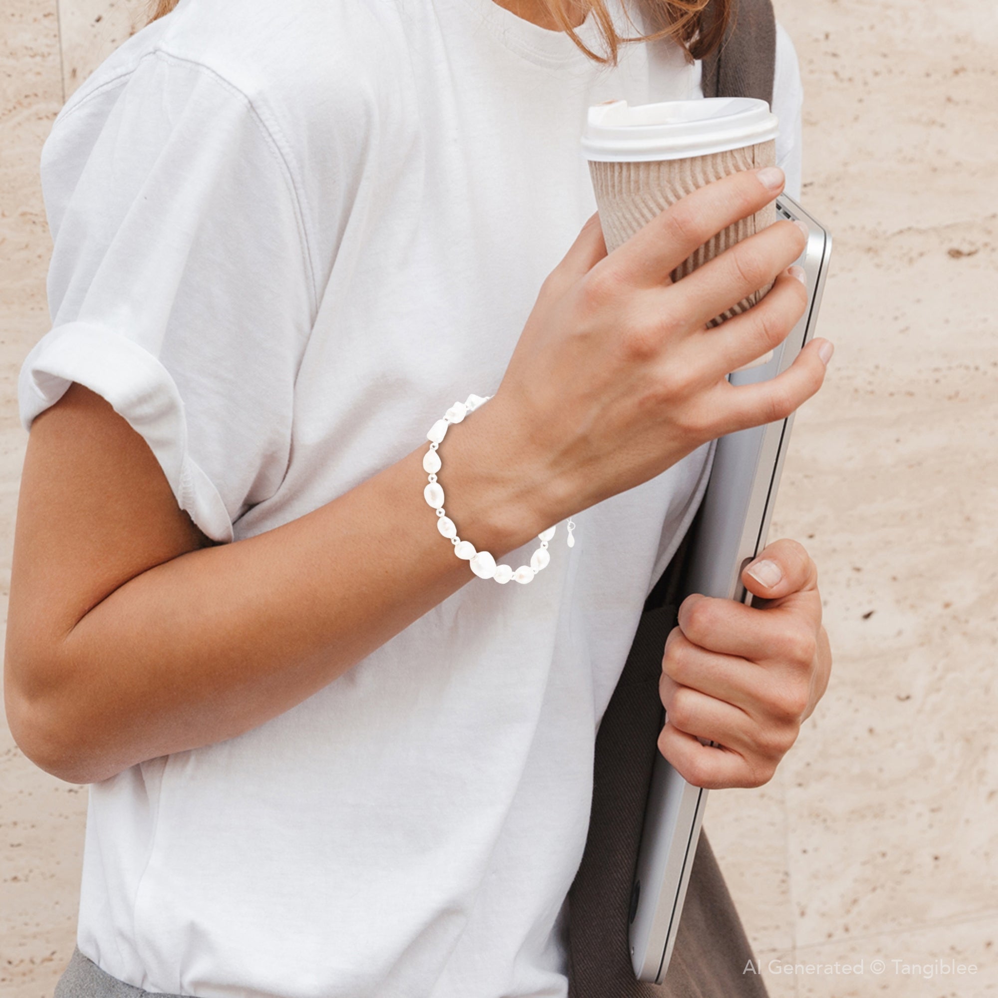 White Pearl Beaded Sterling Silver Bracelet