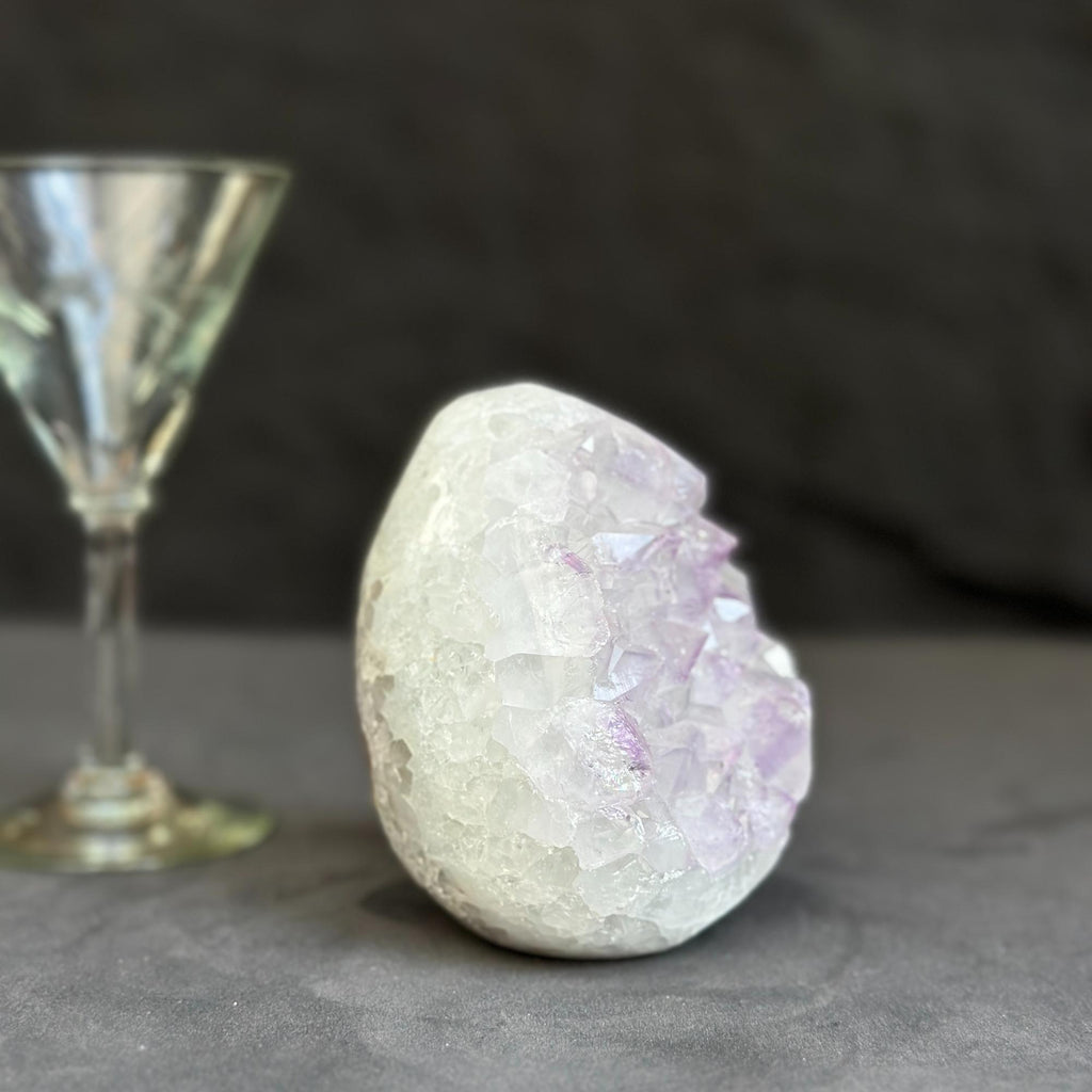 Clear Quartz Crystal Egg, Amethyst and quartz piece, Natural cave shaped polished  stones, white quartz geode