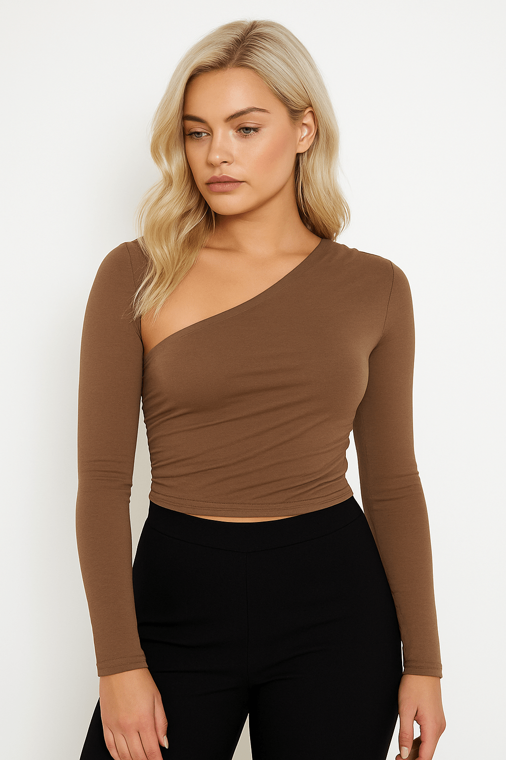 Women’s Long Sleeve Asymmetrical Ruched Crop Top