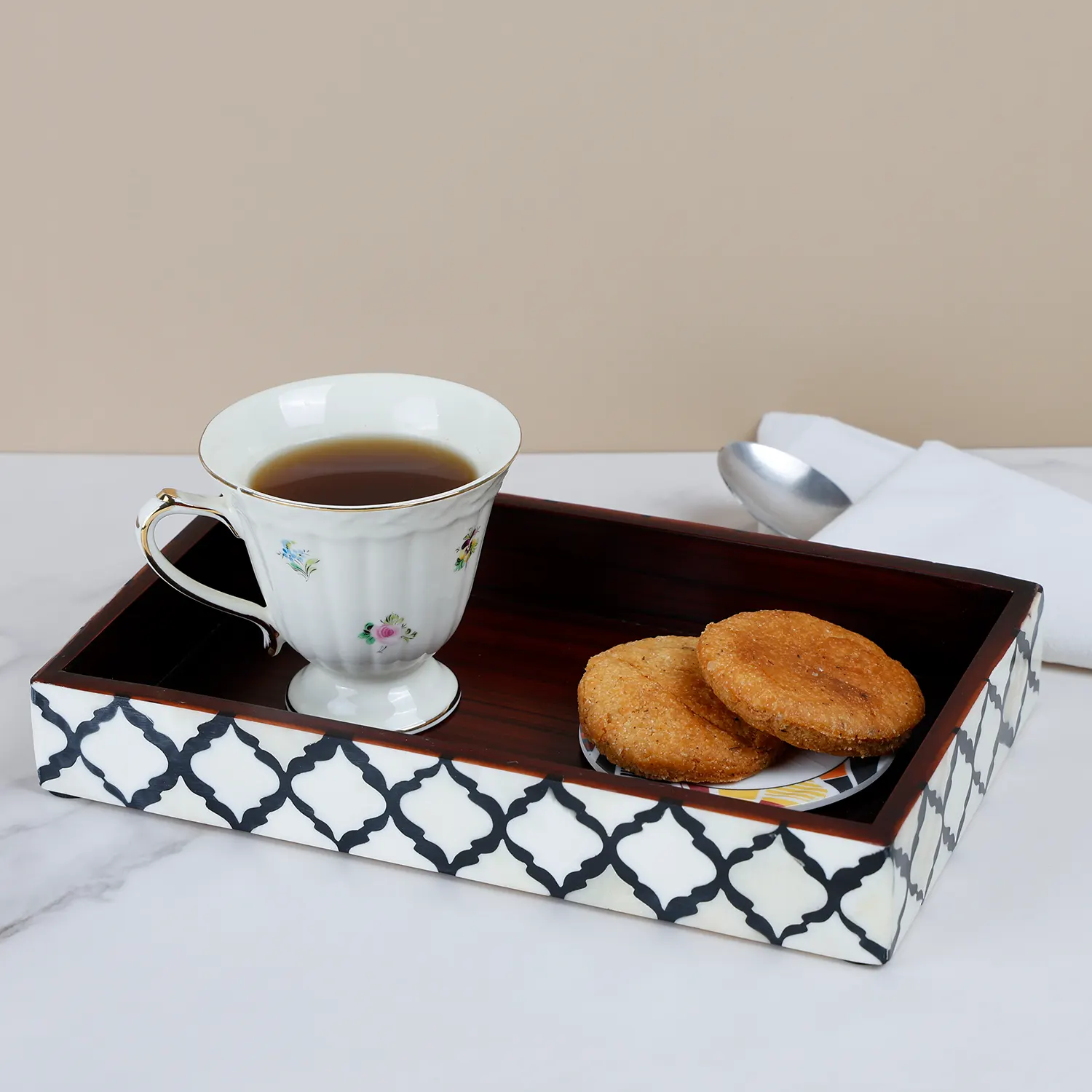 Vanity Trays Moroccan Pattern Bone & Resin inlay, Black & White, 10" x 6"