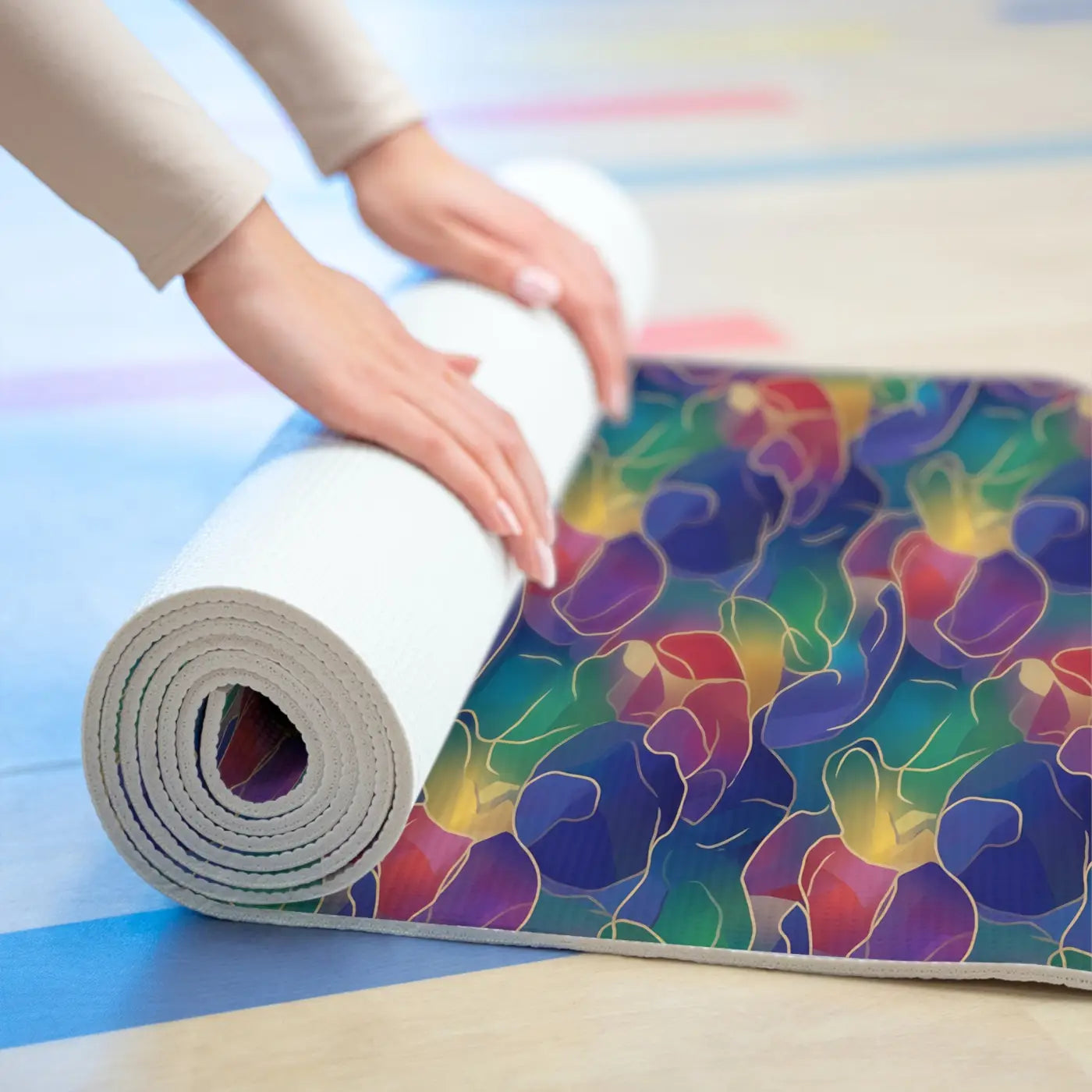 Vibrant Foam Yoga Mat Rainbow Wave Floral Design - Dipaliz